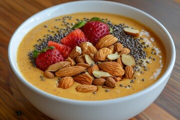 Vegan lifestyle cruelty-free environment impact. Creamy smoothie bowl topped with berries and nuts.