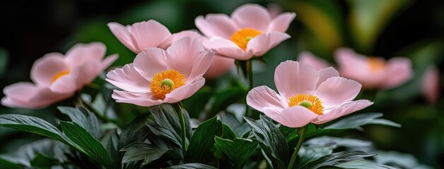 Obraz premium Coral-pink peonies with bright yellow centers flourish in a vibrant garden, showcasing nature's beauty in full bloom during spring