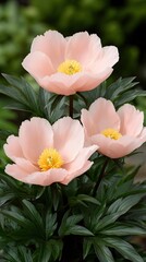 Fototapeta premium Coral-pink peonies with bright yellow centers flourish in a vibrant garden, showcasing nature's beauty in full bloom during spring