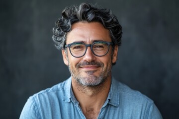 Obraz premium Middle-aged man with curly hair smiles warmly in a casual shirt against a dark backdrop