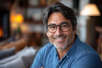 Obraz premium Middle-aged man with glasses smiles warmly in a cozy living room during a relaxed afternoon gathering