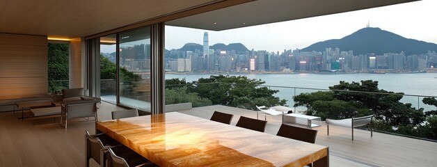 Fototapeta premium A close-up view highlights the rich colors and intricate patterns of an onyx dining table against the breathtaking Hong Kong skyline.
