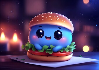 Cute burger character, night scene