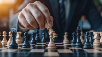 Chessboard with a businessman making a strategic move, symbolizing corporate challenges. generative ai
