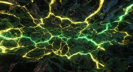 Obraz premium Abstract representation of electric energy flowing through a dark landscape