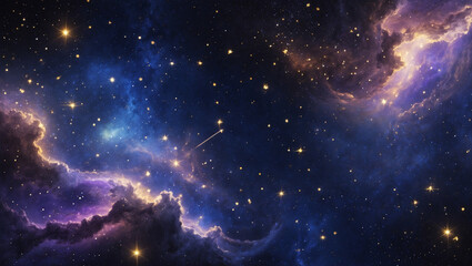 Obraz premium A cosmic ballet of nebulae and starlight, a breathtaking celestial dance across a deep blue canvas with vibrant purple and gold hues.