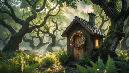 A whimsical woodland cottage nestled amongst ancient, moss-draped trees, bathed in soft morning light, emitting a comforting warmth.