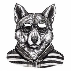 Fototapeta premium Dog in a striped sweater wearing sunglasses. Generative AI