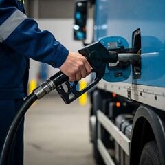 Close up of a colorful truck being refueled at a gas station. The fuel nozzle is inserted, focusing on the worker's hands, emphasizing logistics and transportation.
