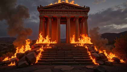 Fototapeta premium Ancient temple engulfed in flames at twilight 