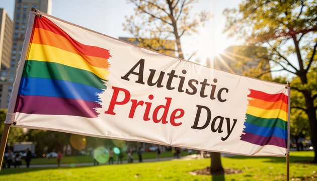 Autistic Pride Day banner displayed in a sunny park setting  