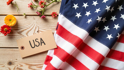Obraz premium American flag with tag labeled 'USA' on wooden background 