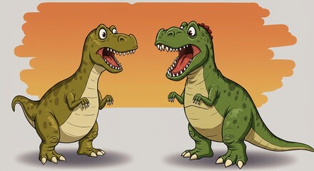 Fototapeta premium Two Roaring Cartoon Dinosaurs - Playful Prehistoric Illustration.