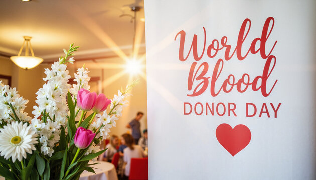 World Blood Donor Day celebration with flowers and banner  
