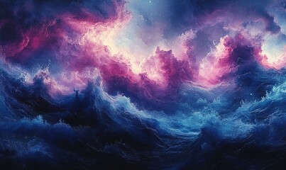 Fototapeta premium Surreal artwork depicting a cosmic ocean, swirling with vibrant blues and purples under a dramatic, cloud-filled sky.