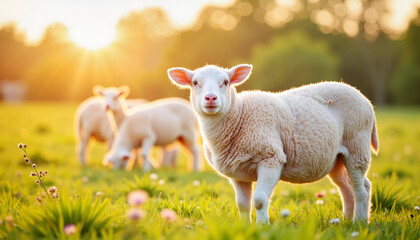 Obraz premium Sheep grazing peacefully in a sunny green meadow 