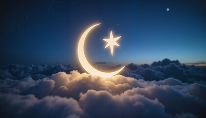 Naklejka premium Glowing crescent moon and star floating above clouds at night 