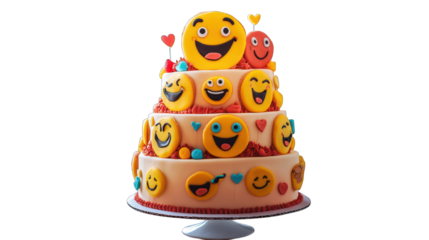 A fun emoji-themed cake with different emoji faces on a transparent background