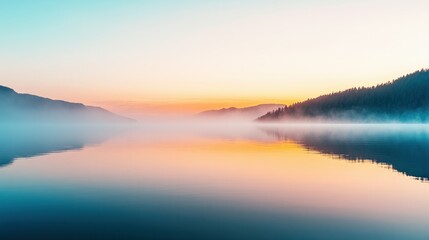 Tranquil sunrise over misty lake and silhouetted mountains.