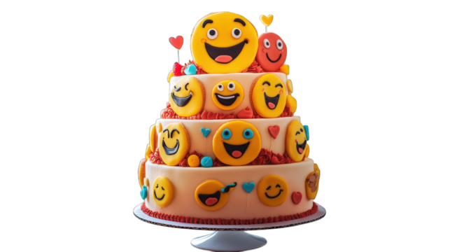 A fun emoji-themed cake with different emoji faces on a transparent background - Powered by Adobe