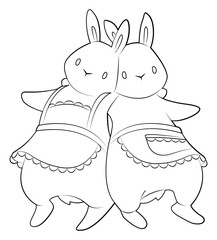 Two rabbits in love. Rabbits holding hands. White rabbit in an apron. Rabbit in overalls. Cartoon character. Outline. Coloring. Hand drawing. Easter illustration.