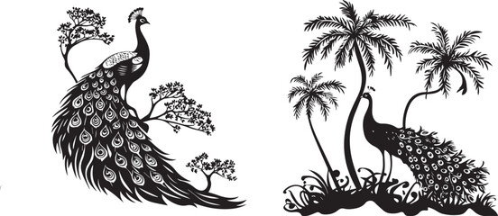 Two Peacock with feather forest silhouette vector