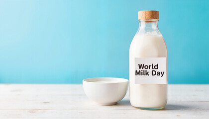 Milk bottle celebrating World Milk Day against a blue background  
