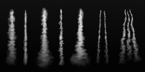 Rocket smoke vertical trails with vapor vector set, white fume jet airplane launch trace, gas fog steam, clouds flow © sabelskaya