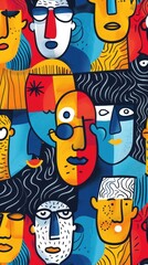 Colorful abstract faces pattern, stylized crowd, urban style, vibrant background