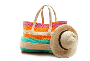 Straw colorful beach bag and hat isolated on white or transparent background, summer beach vacations and holidays accessories png cut out