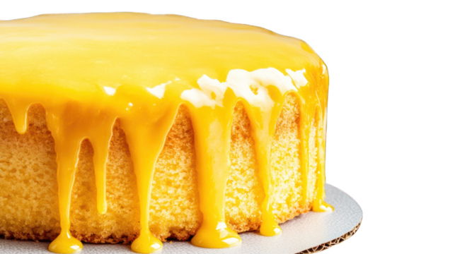 A lemon drizzle cake with bright yellow glaze dripping over the edges on a transparent background