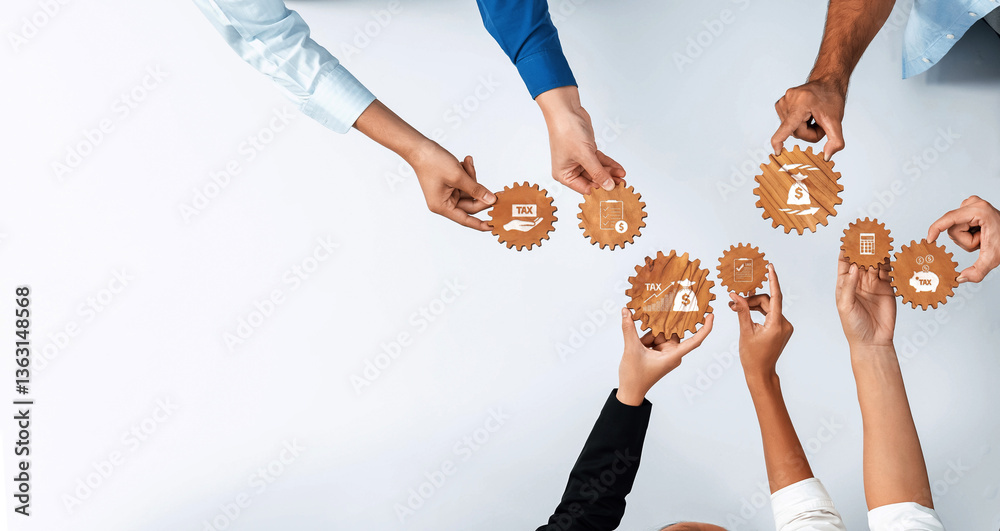 Poster A diverse group of hands holds gears, representing teamwork and collaboration in business processes. This image symbolizes efficiency, innovation, and strategic development. Amity