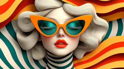 Stylized Female Portrait with Orange Cat Eye Sunglasses and Swirling Stripes