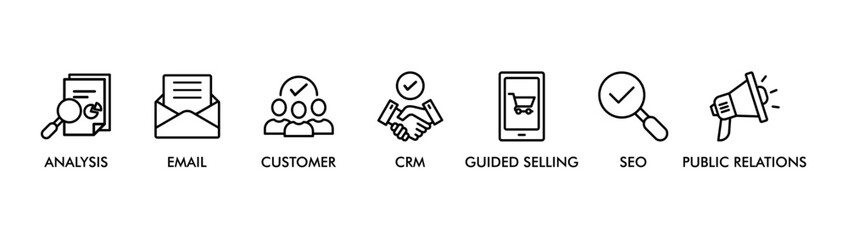 Inbound marketing banner web icon vector illustration concept with icon of analysis, email, customer, crm, guided selling, seo, public relations, revenue, background, concept, industry, satisfaction, 