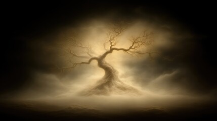 Mystical, ethereal tree bathed in golden light, standing amidst a hazy, smoky landscape