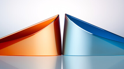 A sleek design featuring blue and orange metal shapes against a triangular wallpaper background for presentations.

