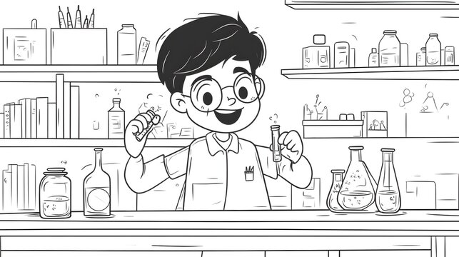 Enthusiastic Young Boy Conducting Black and White Chemical Tests in Laboratory Setting