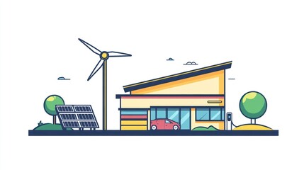 Eco-friendly house, EV charging, wind turbine, solar panels, green landscape, sustainable living illustration