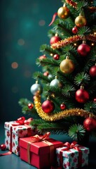 Colorful Christmas tree with multicolored balls and tinsel, festive lights, bouncy balls, gift wrapping