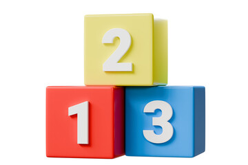 3d Education Blocks icon. Preschool number 123 block. 123 education cube brick concepts. School learns child play toy sign and kid math count box simple study isolated on white background. 3d render.
