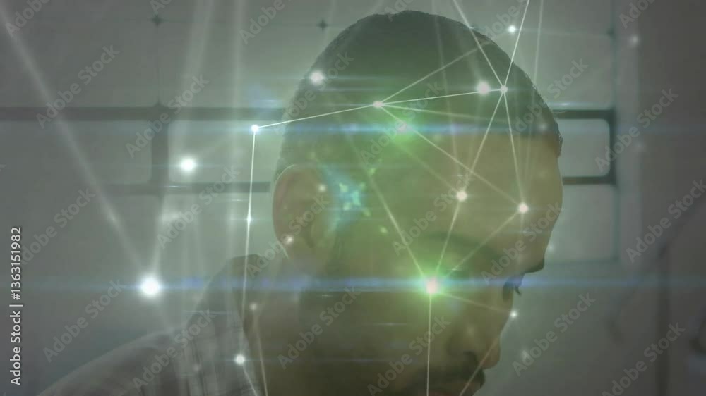 Poster man working with network connections and data processing animation overlay