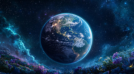 Obraz premium Earth in Celestial Garden of Cosmic Flowers Beneath Starry Nebula Glowing World Wonders Showcase