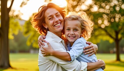 Happy mother embracing child in sunny park  