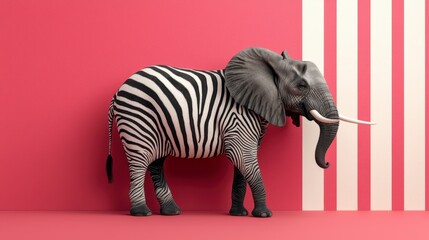 Surreal Zebra Striped Elephant Against Red and White Striped Wall