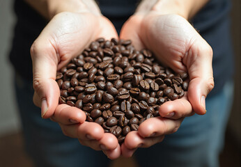 Man holding coffee beans. Roasted coffee grains in hand, fresh aromatic product, barista at work. Cafe beverage preparation concept