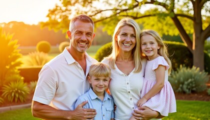 Fototapeta premium Family smiling together outdoors in golden hour sunlight 