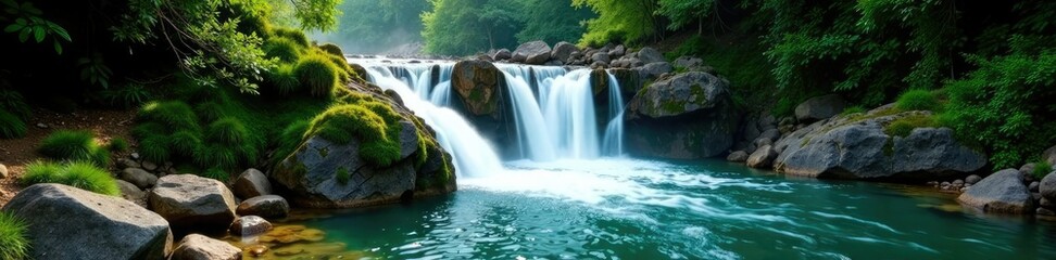 Fototapeta premium Emerald water cascades down rugged tree trunks, nature scenery, waterfalls