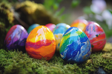 Colorful Painted Easter Eggs in a Vibrant Natural Setting with Lush Greenery, Generative AI