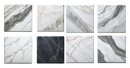 Variety of Elegant Marble Tiles in Different Patterns and Colors, PNG bundle collection, Isolated on Transparent Background
