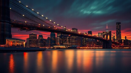 Fototapeta premium NYC Skyline at Sunset, Brooklyn Bridge